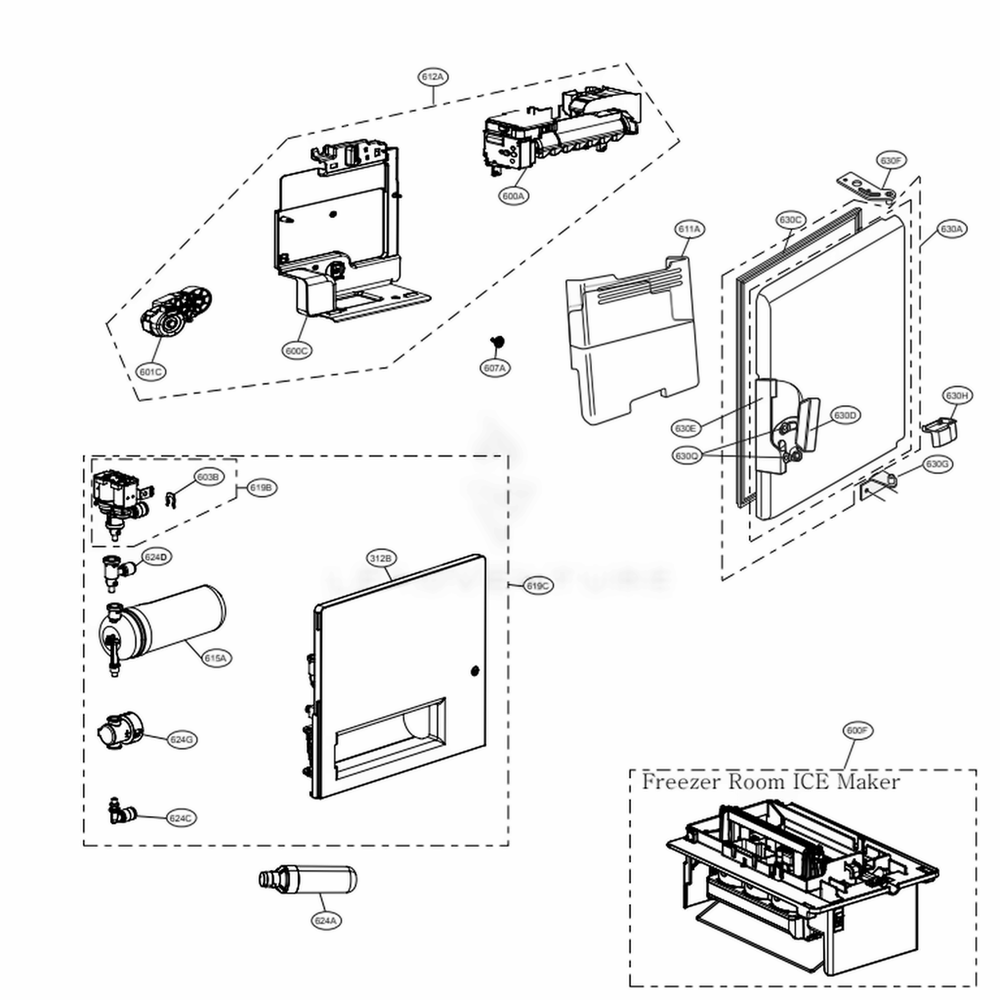 Ice Maker And Ice Bin Parts Diagram and Parts List for LRFDC2406D ASBCNA0 LG Refrigerator