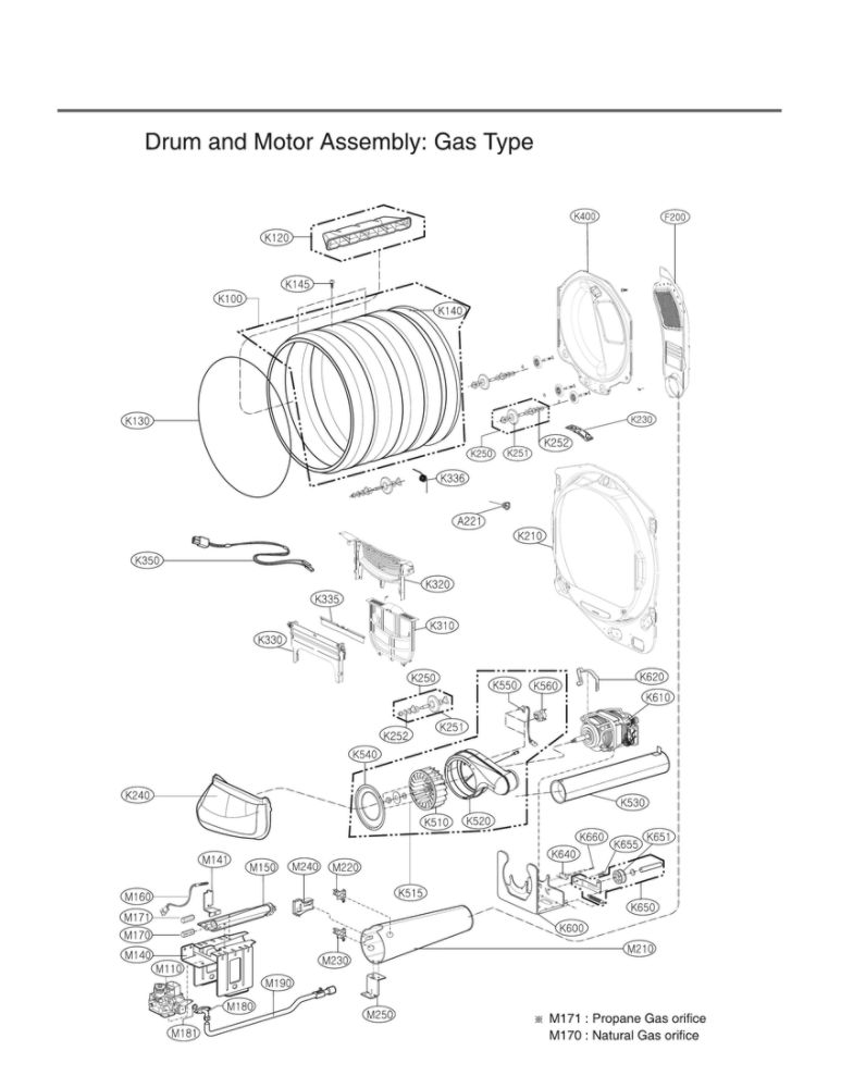 Drum/Motor Assembly: Gas Type Diagram and Parts List for DLG7301WE 00 LG Dryer
