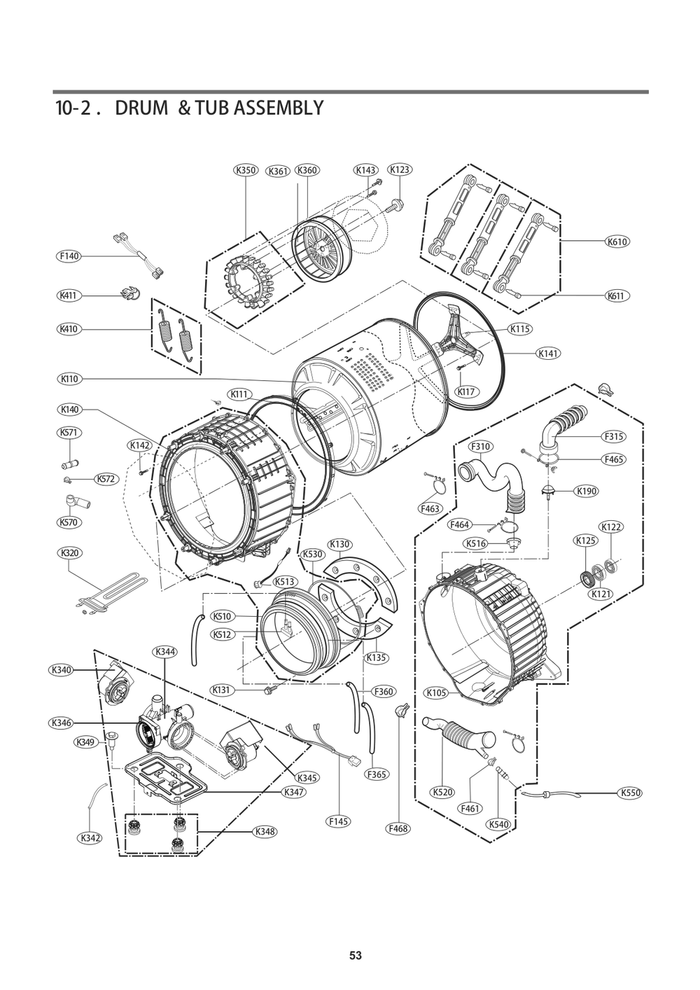 Drum And Tub Assembly Diagram and Parts List for FH4E9CDYP7 ASSEPUS LG Washer