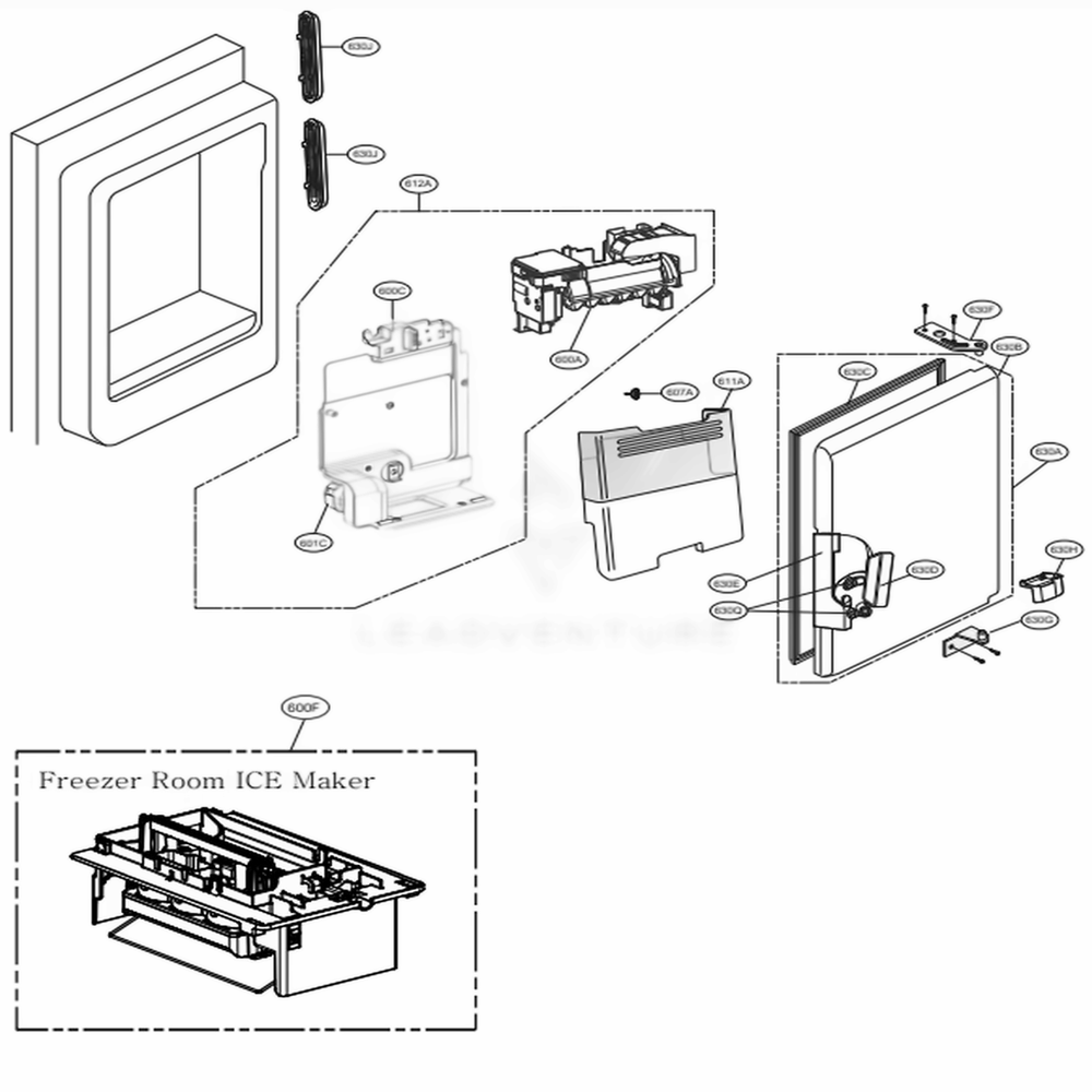Ice Maker And Ice Bin Parts Diagram and Parts List for LMRS28626S ASTCNA0 LG Refrigerator