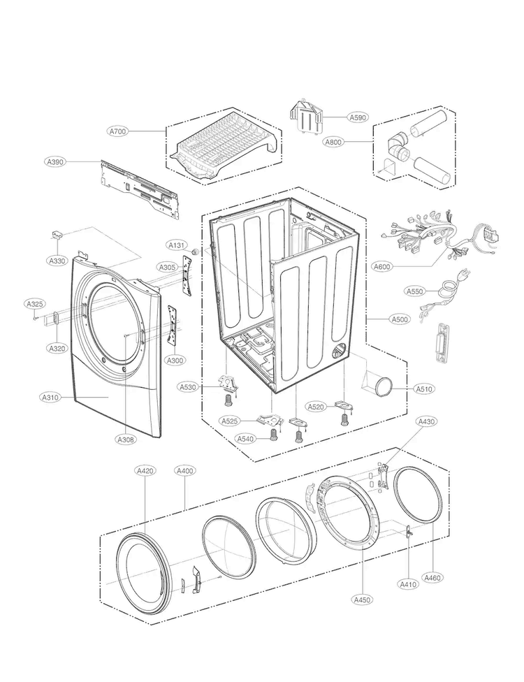Cabinet And Door Parts Diagram and Parts List for DLGX3571V  LG Dryer