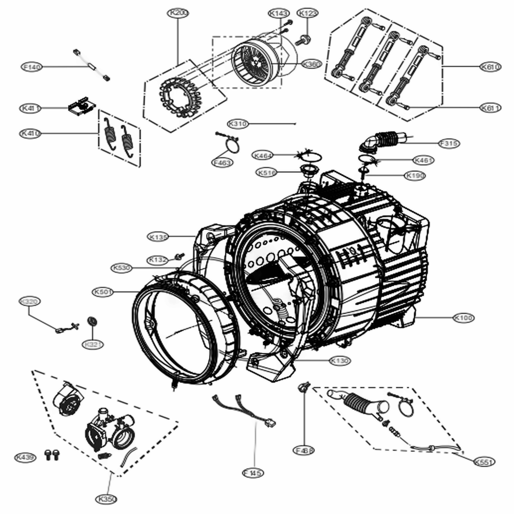 Drum And Tub Assembly Diagram and Parts List for WM3400CW ABWEUUS LG Washer