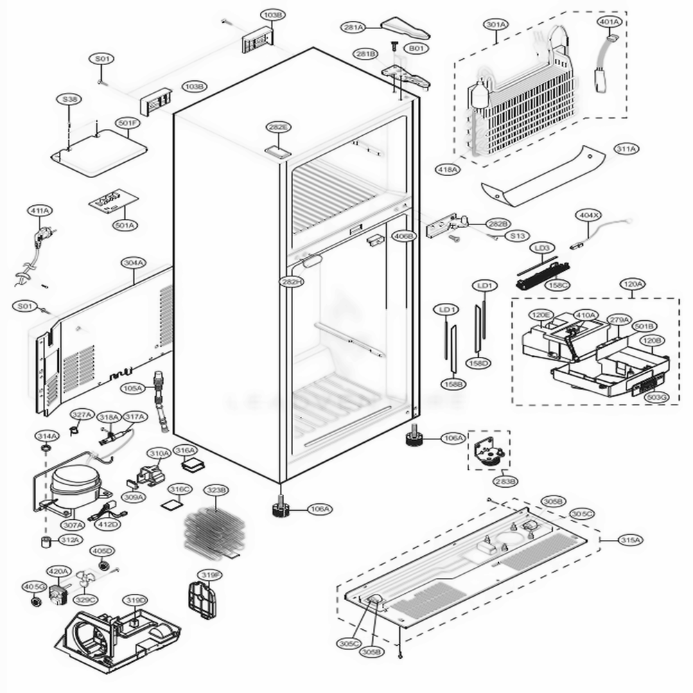 Case Parts Diagram and Parts List for LTCS24223B AWBCNA2 LG Refrigerator