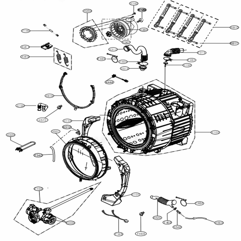 Drum And Tub Assembly Diagram and Parts List for WM4500HBA ABLEEUS LG Washer