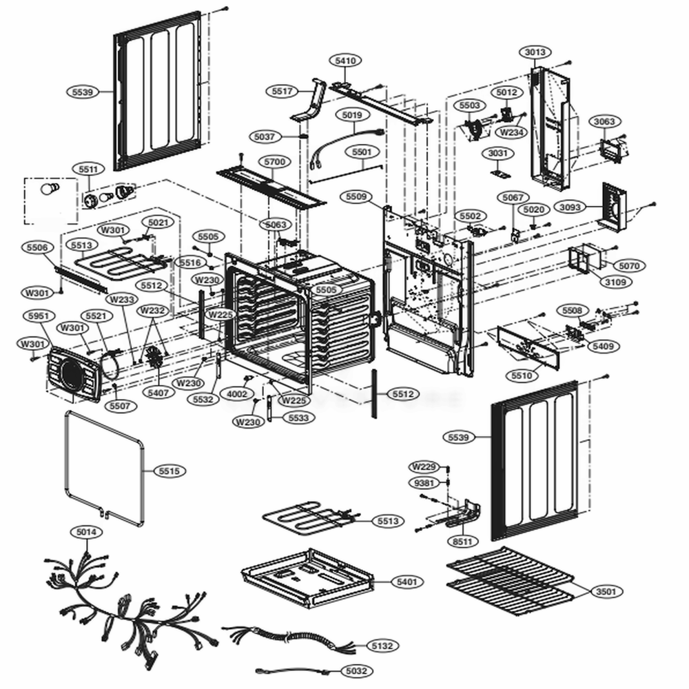 Cavity Parts 2 Diagram and Parts List for LRE3083SW FWHLLGA LG Range
