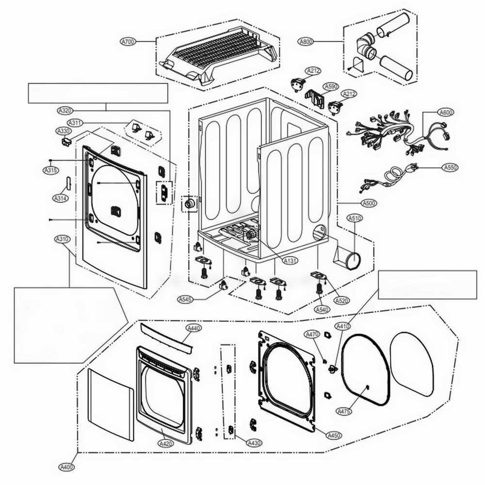 Cabinet And Door Assembly Gas Type Diagram and Parts List for DLGX5171W ABWESED LG Dryer