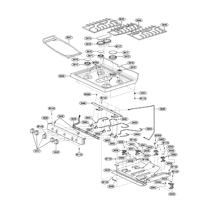 Cooktop Diagram and Parts List for LRG3095ST 00 LG Range