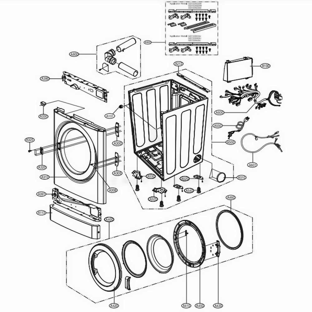 Cabinet And Door Assembly Gas Stack Upper Type Diagram and Parts List for GD1329CGU ABWEECI LG Dryer