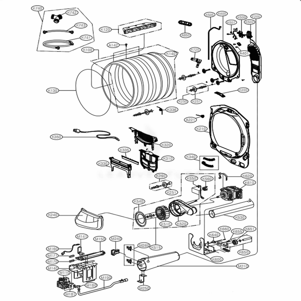 Drum And Motor Assembly: Gas Type Diagram and Parts List for DLGX7601VE ASSEEUS LG Dryer