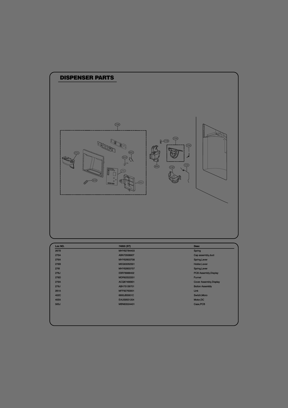 Dispenser Parts 74053 (St) Diagram and Parts List for GR-J268LSTM ASTCSE1 LG Refrigerator