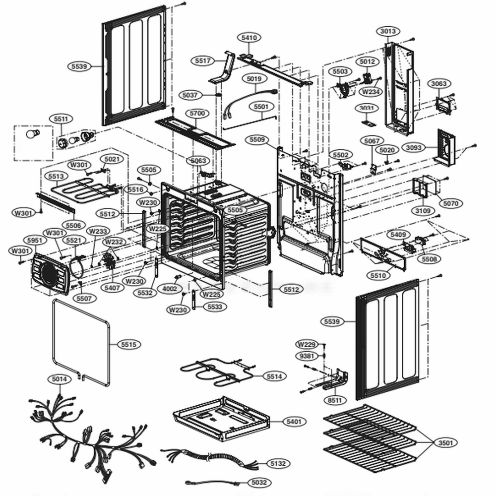 Cavity Parts 1 Diagram and Parts List for LRE3083SW FWHLLGA LG Range