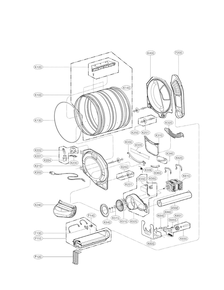 Drum Parts Diagram and Parts List for DLE3170W  LG Dryer
