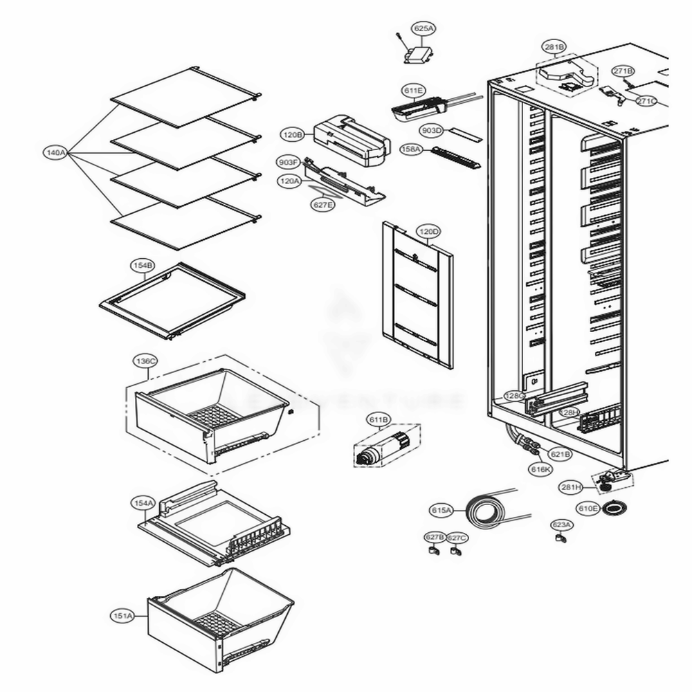 Refrigerator Compartment Diagram and Parts List for LSXS26326B AWBCNA0 LG Refrigerator