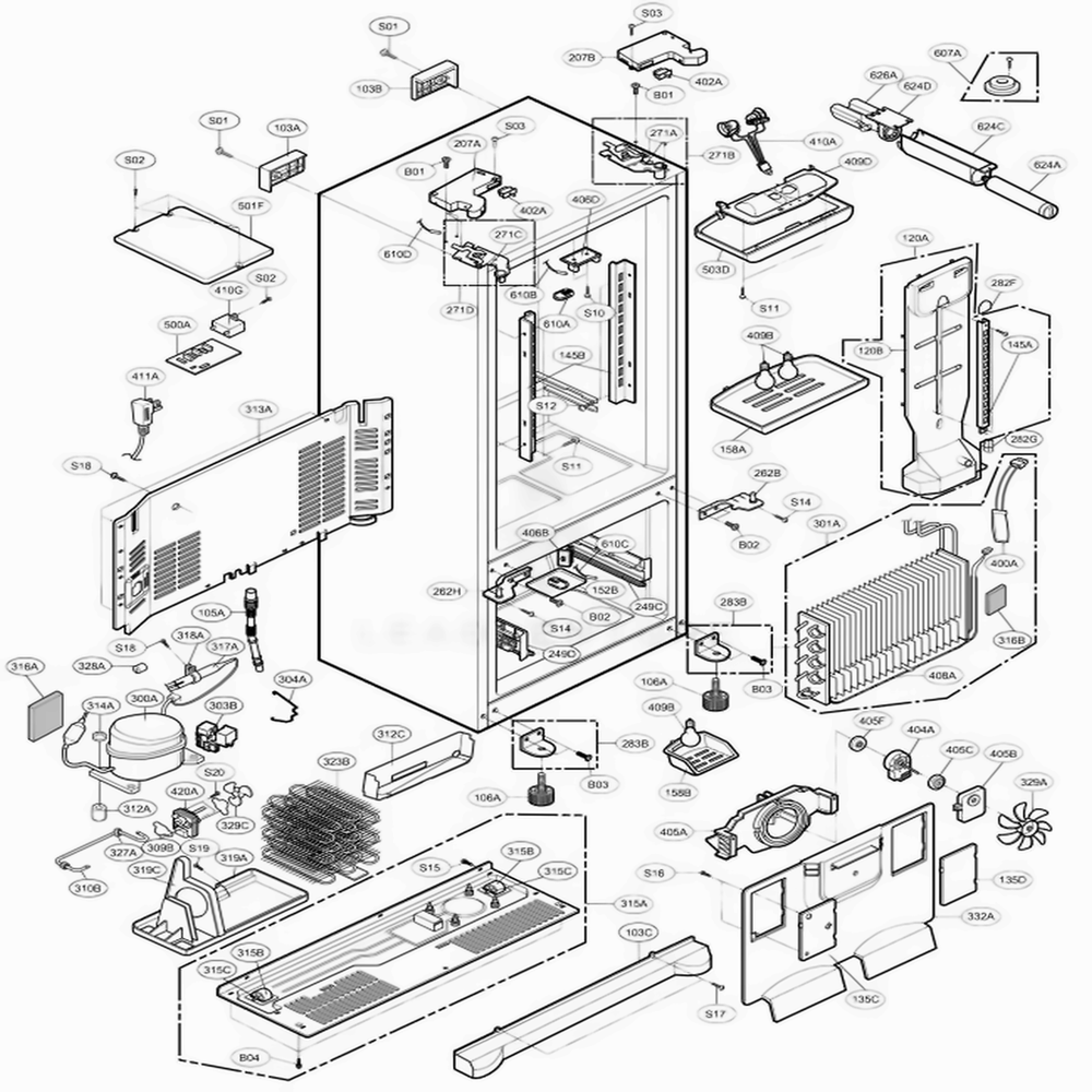 Case Parts Diagram and Parts List for 78544 ABI1SER LG Refrigerator