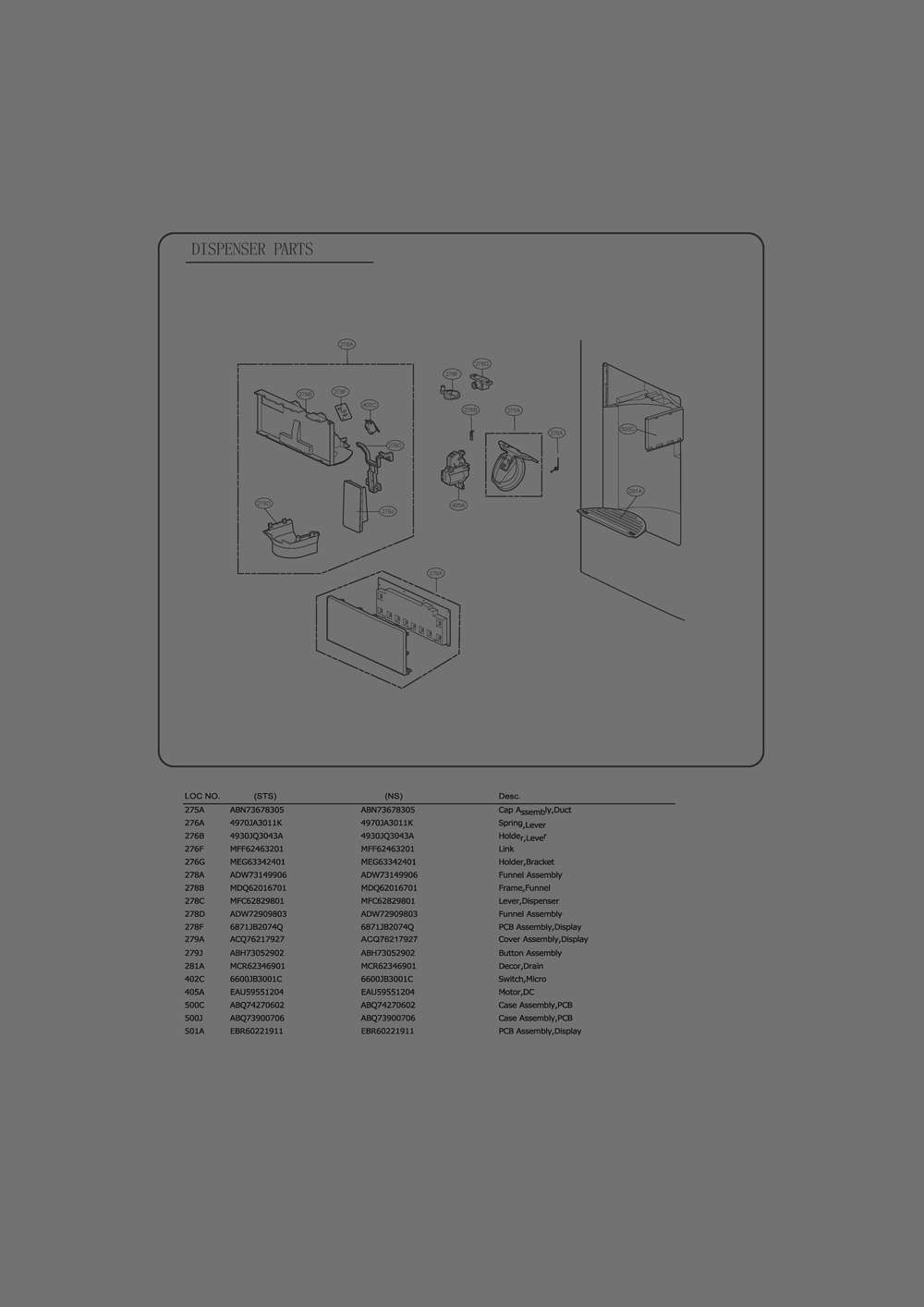 Dispenser Parts Diagram and Parts List for GC-L28AGSXM ASTCSE0 LG Refrigerator