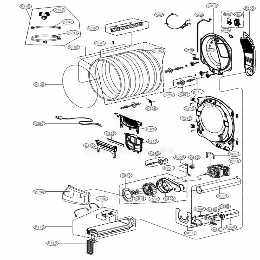 Drum And Motor Assembly Diagram and Parts List for DLEX9500K ABSEEUS LG Dryer
