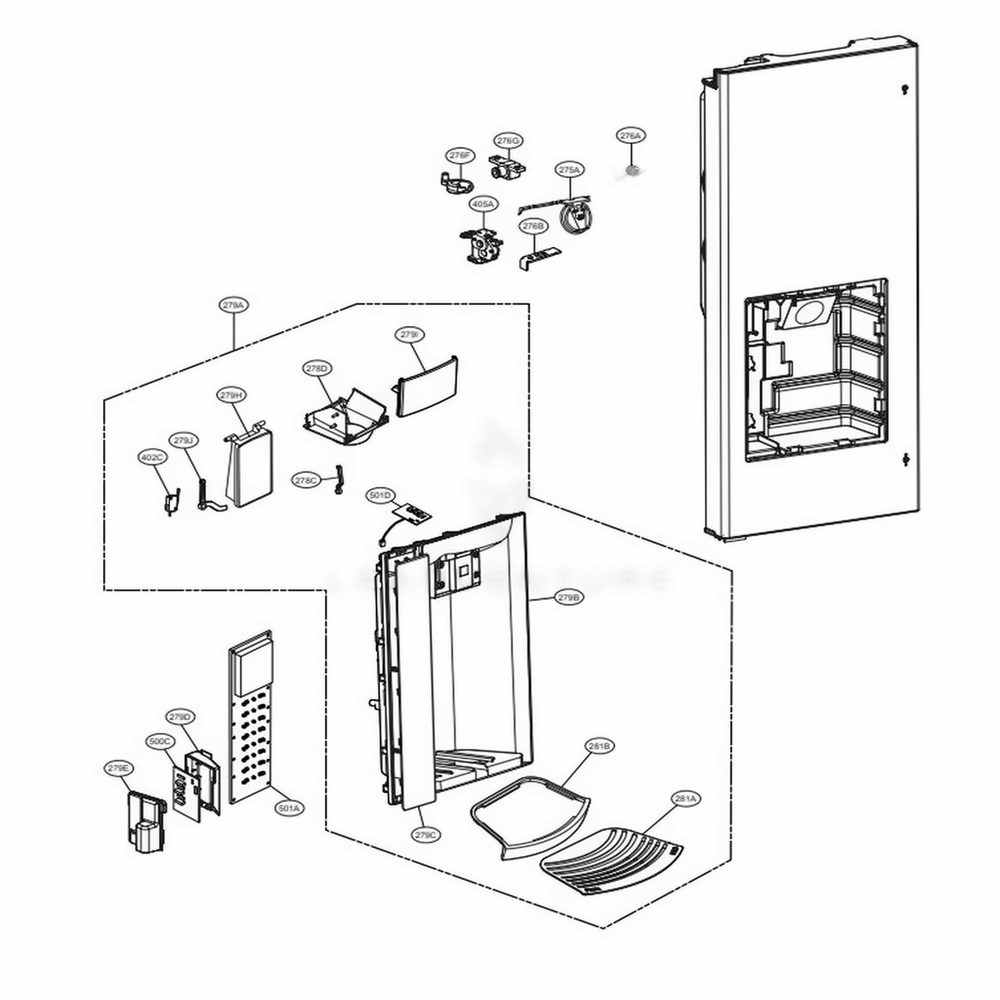 Dispenser Parts Diagram and Parts List for LFX28978ST ASTCNA4 LG Refrigerator