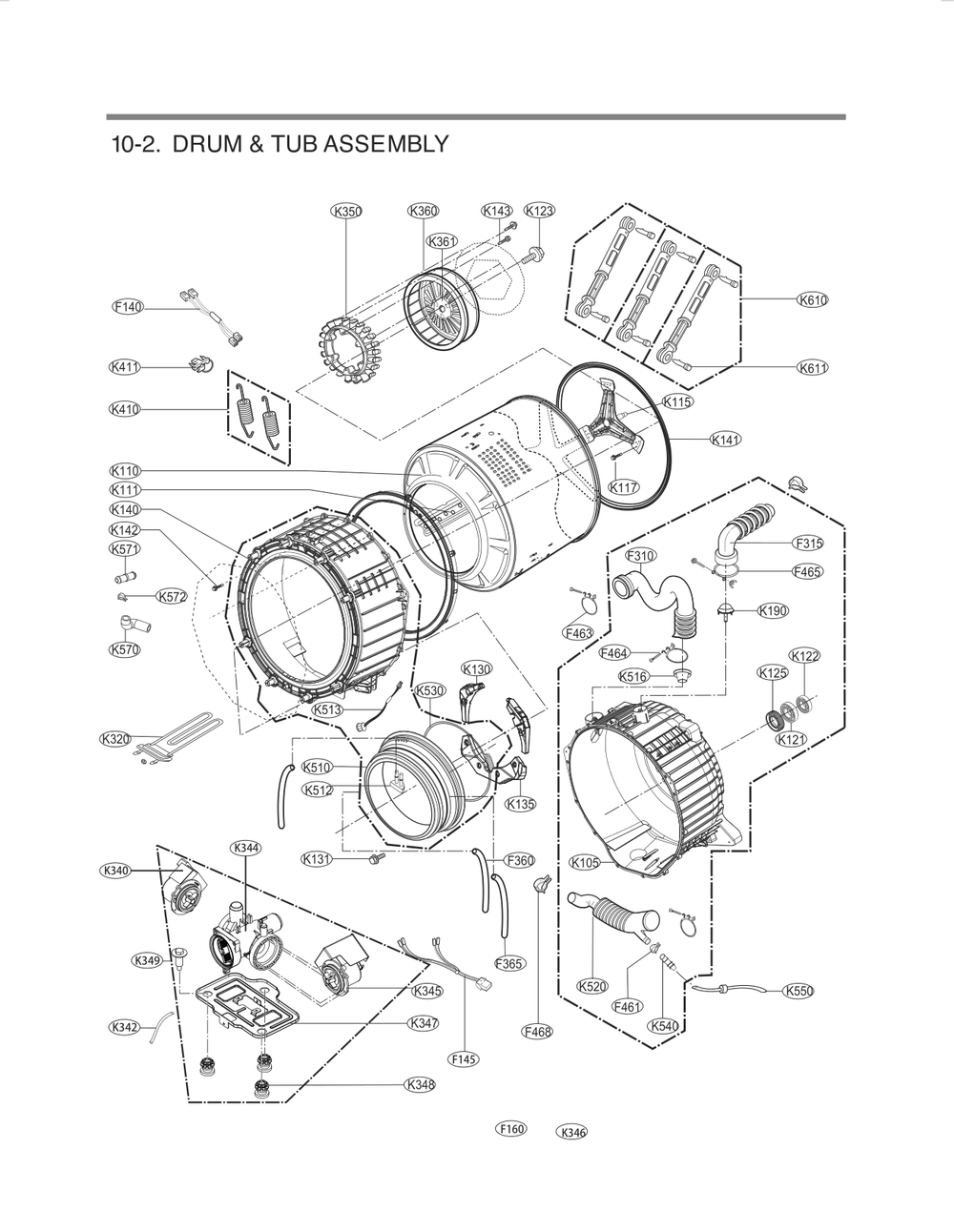 Drum And Tub Assembly Diagram and Parts List for FH4F3CDYP3 ABWEPEU LG Washer