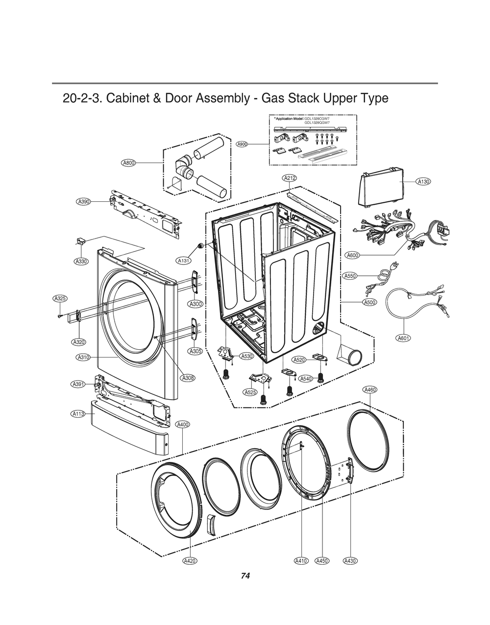 Cabinet And Door Assembly Diagram and Parts List for GDL1329CGW7 ASSEELC LG Dryer