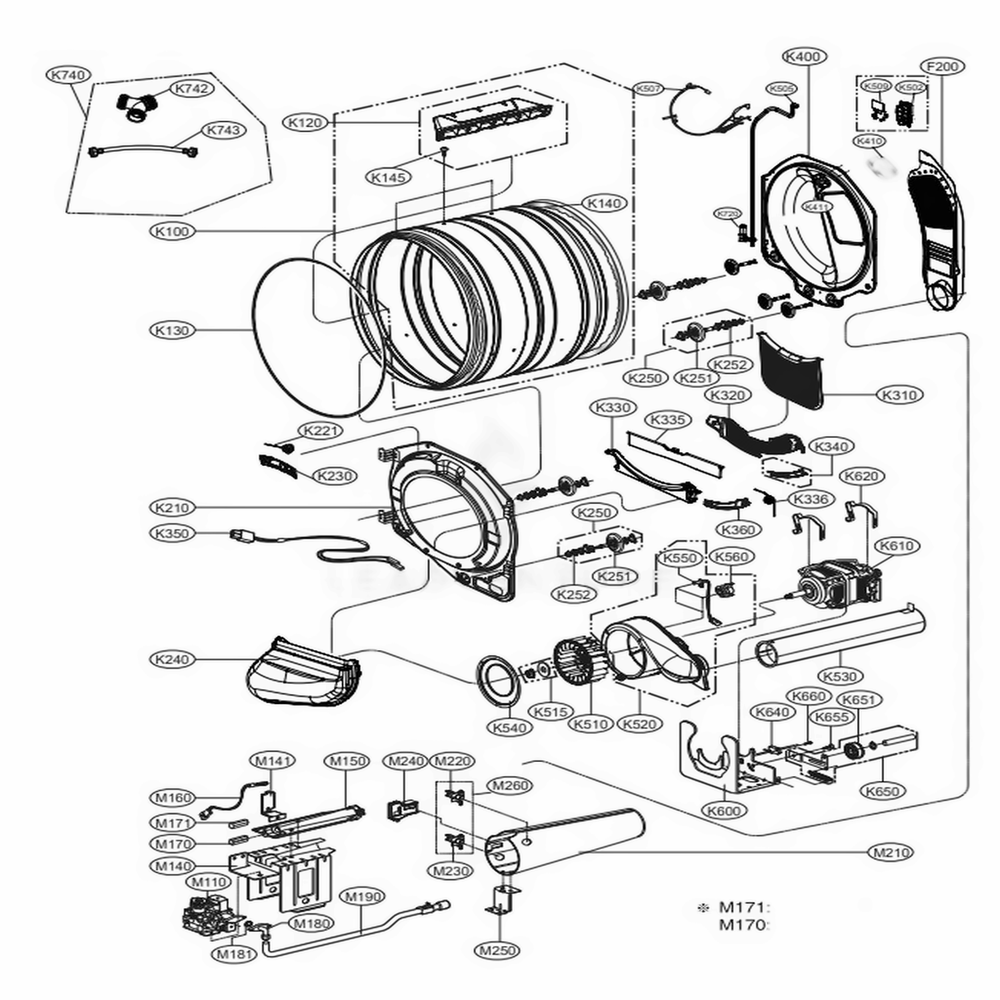 Drum And Motor Assembly: Gas Type Diagram and Parts List for 91462 ABWESEU LG Washer Dryer Combo