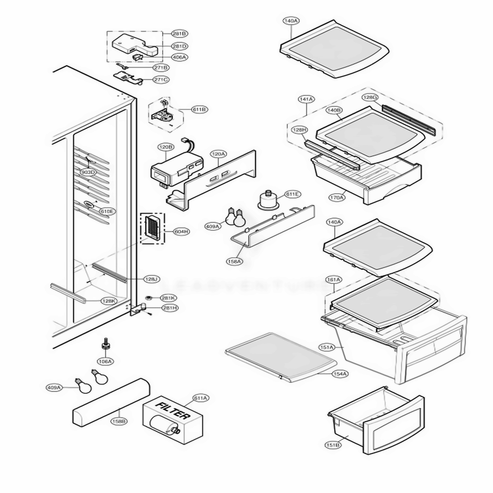 Refrigerator Compartment Diagram and Parts List for LSC27921SW ASWCLGA LG Refrigerator