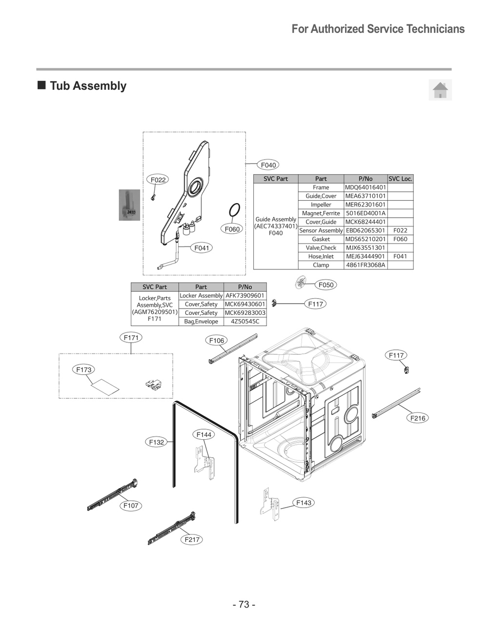 Tub Assembly Diagram and Parts List for SKSDW2411S ASTESNA LG Dishwasher