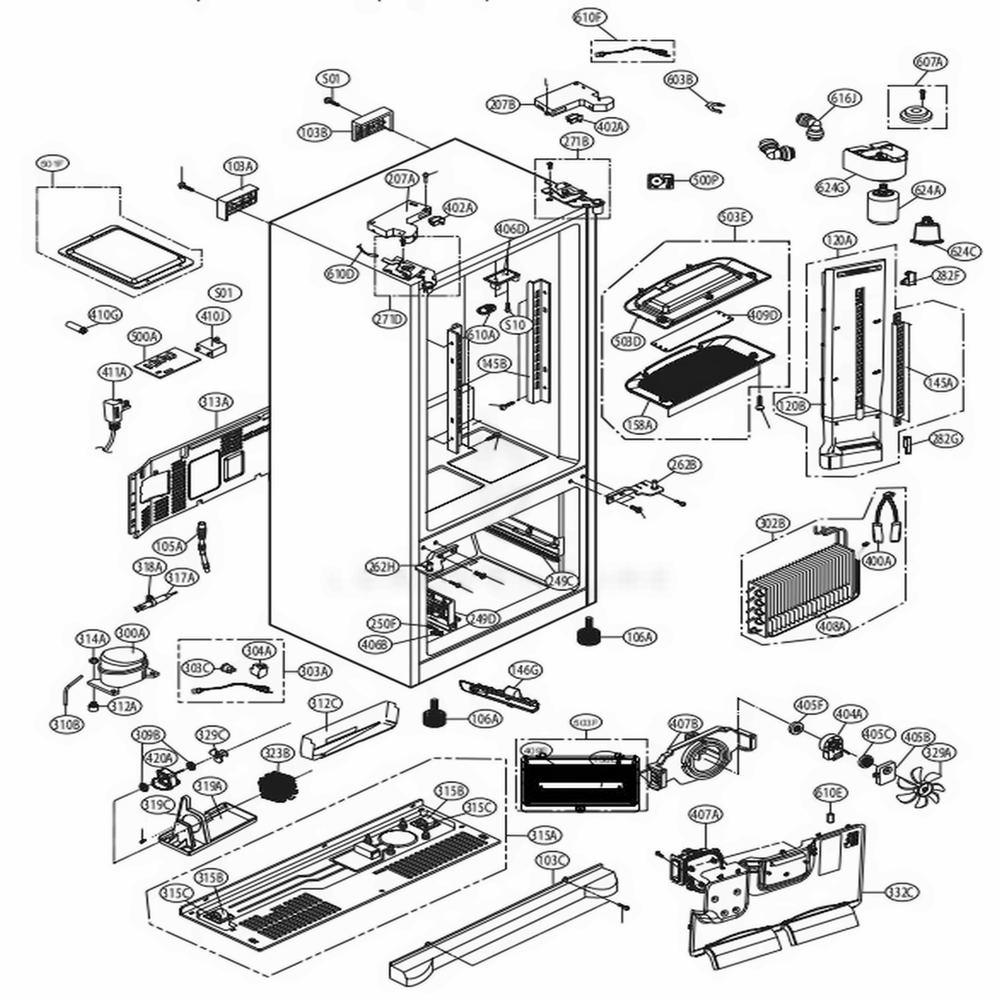 Case Parts Diagram and Parts List for LFX25974ST ASTCNA5 LG Refrigerator