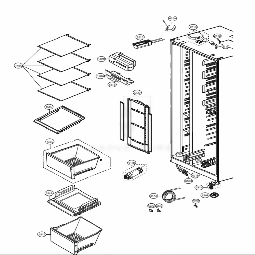 Refrigerator Compartment Diagram and Parts List for 51869 AWBCSE3 LG Refrigerator