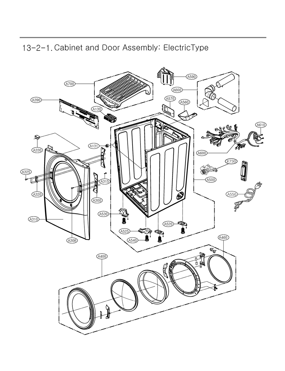 Cabinet And Door Assembly Diagram and Parts List for DLEX3850V ASSEECI LG Dryer