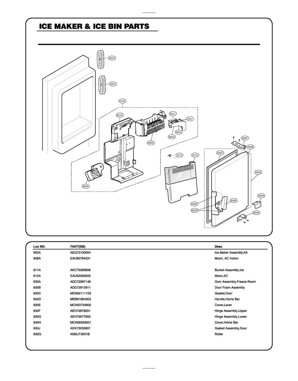 Ice Maker And Ice Bin Parts Diagram and Parts List for GR-X318LKTM ASBCSE0 LG Refrigerator