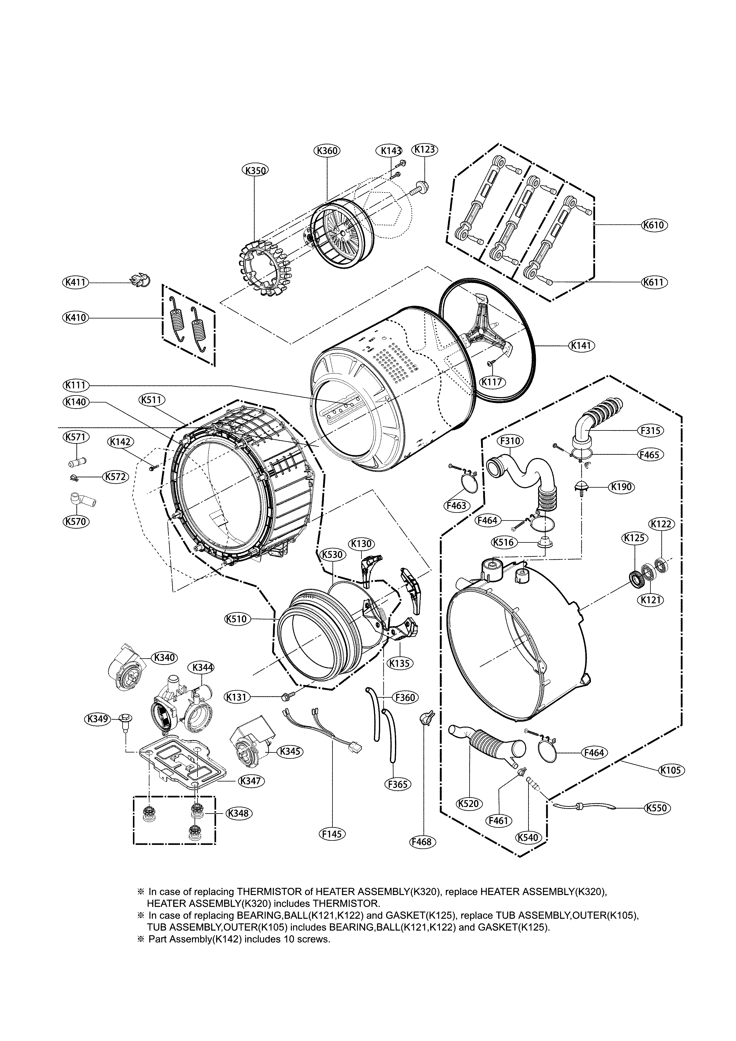 Drum And Tub Parts Diagram and Parts List for 79641392511  Kenmore Washer