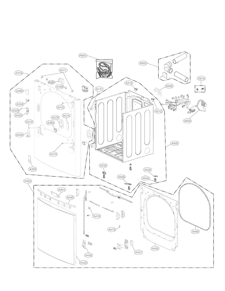 Cabinet And Door Parts Diagram and Parts List for DLEX7700VE  LG Dryer
