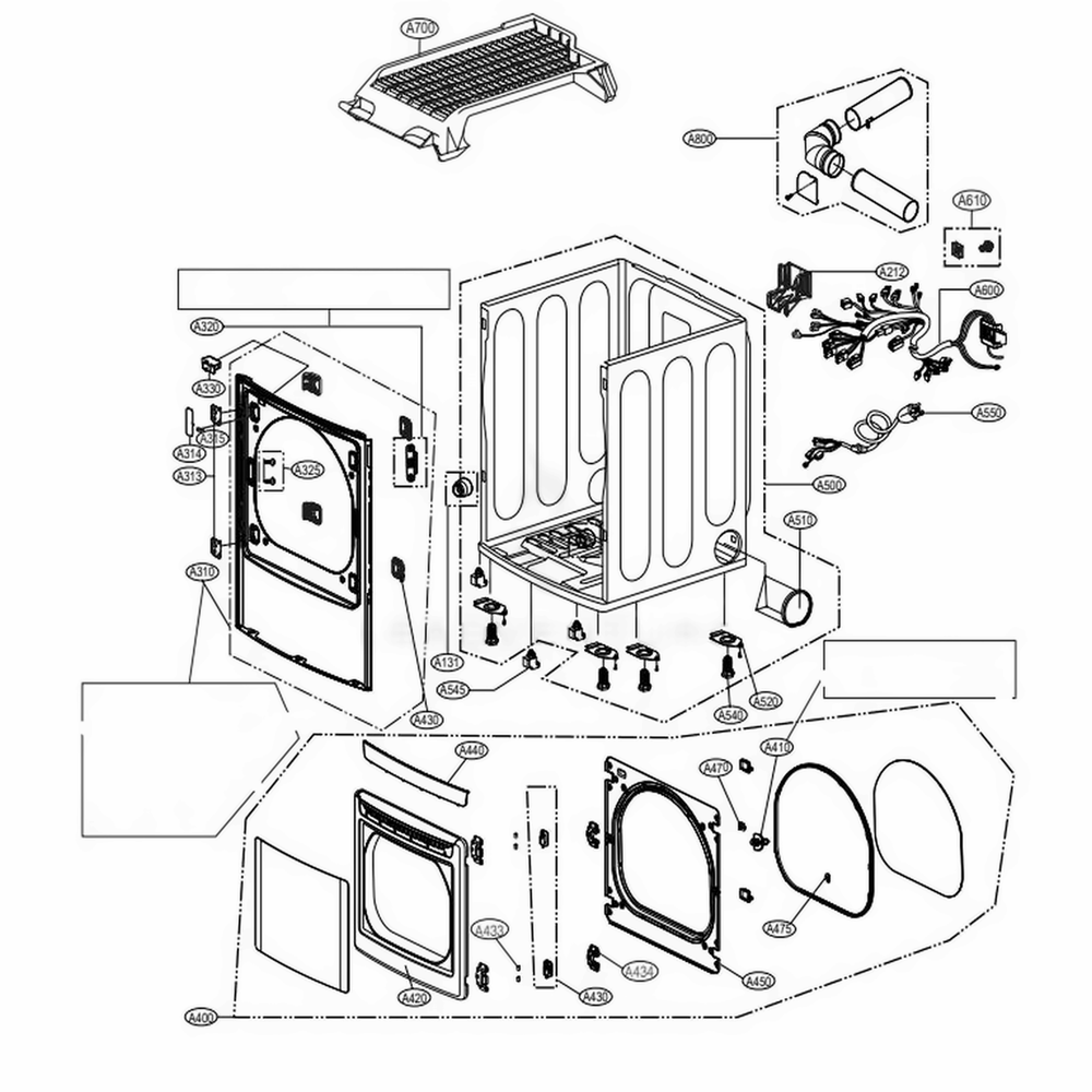 Cabinet And Door Assembly Diagram and Parts List for DLE1101W ABWEEUS LG Dryer