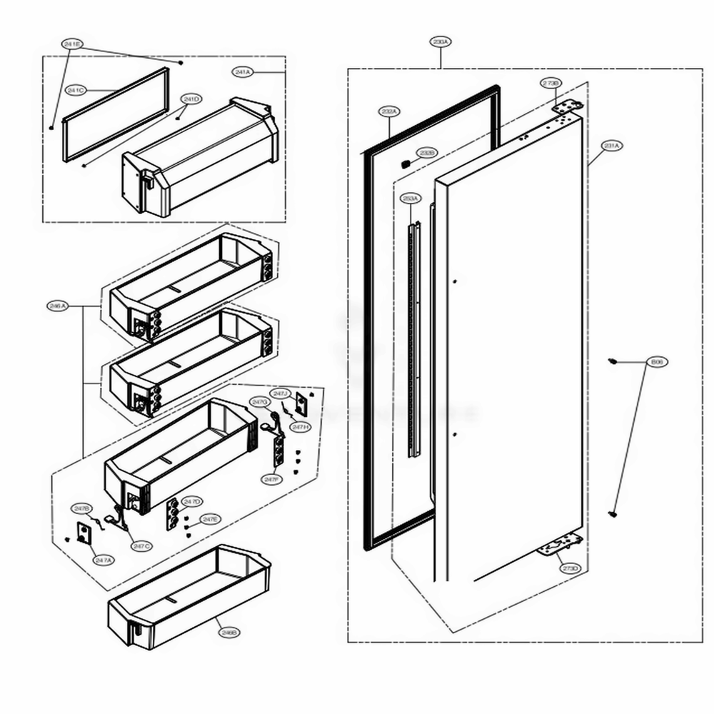 Refrigerator Door Part Diagram and Parts List for DYF42BSIWS ASTCNA0 LG Refrigerator