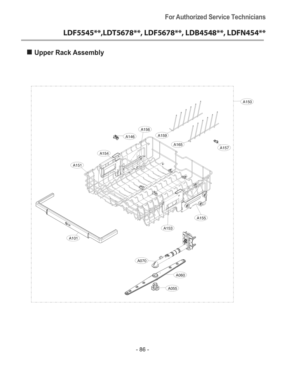 Upper Rack Assembly Diagram and Parts List for DUA513FD ABDESNA LG Dishwasher