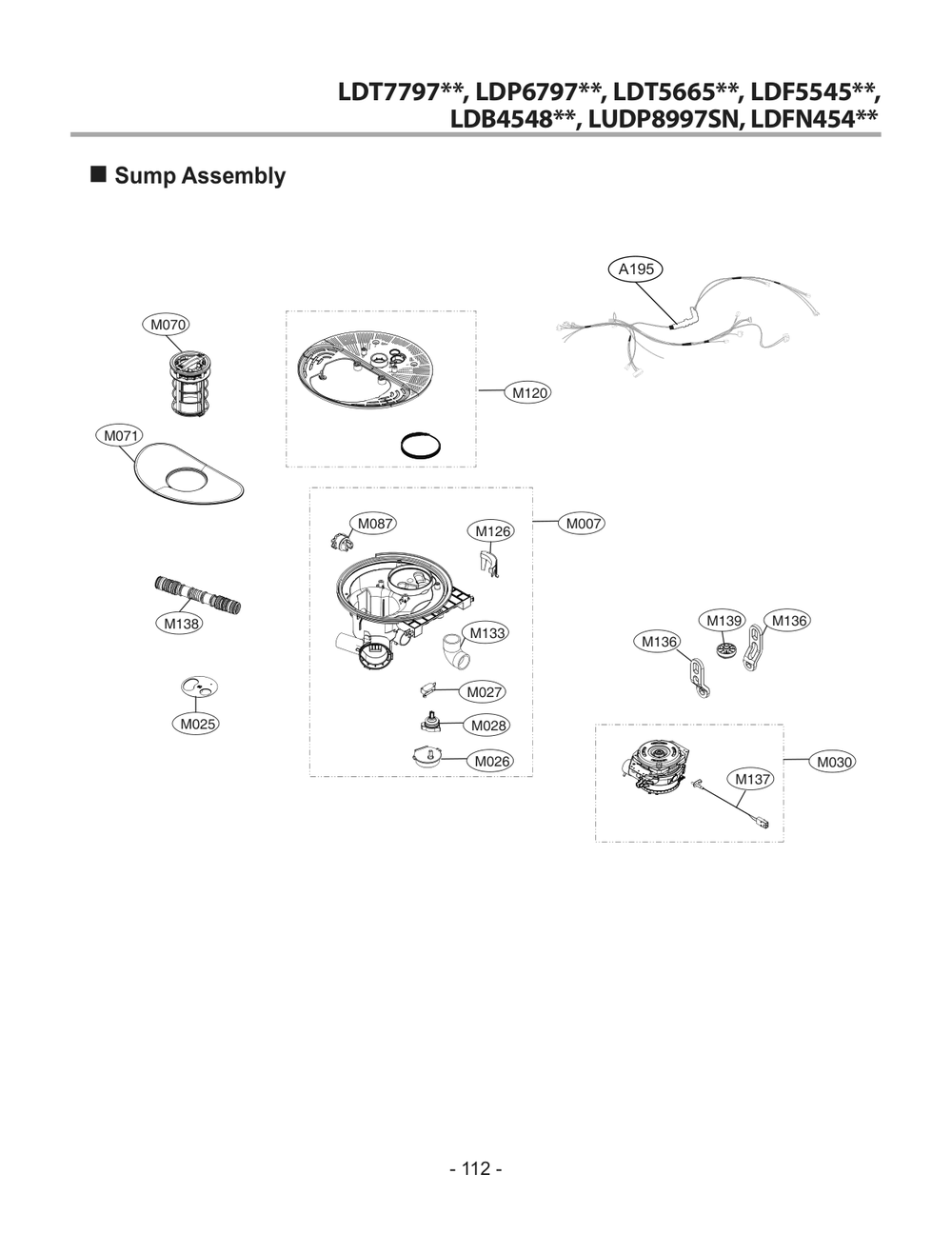 Sump Assembly Diagram and Parts List for DUA513FD ABDESNA LG Dishwasher