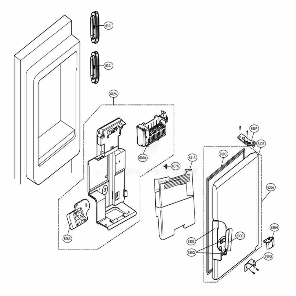 Ice Maker And Ice Bin Parts Diagram and Parts List for LFXC24726D ASBCNA0 LG Refrigerator