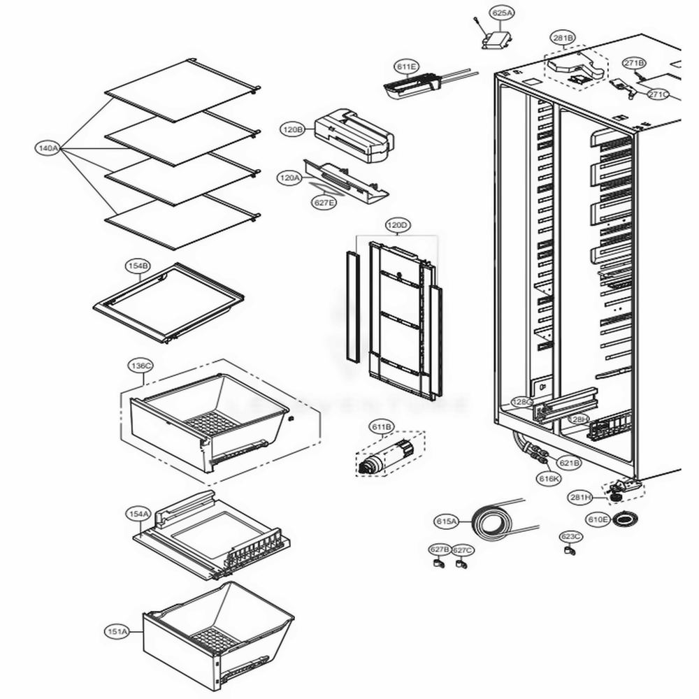 Refrigerator Compartment Diagram and Parts List for 51867 ASBCSE3 LG Refrigerator