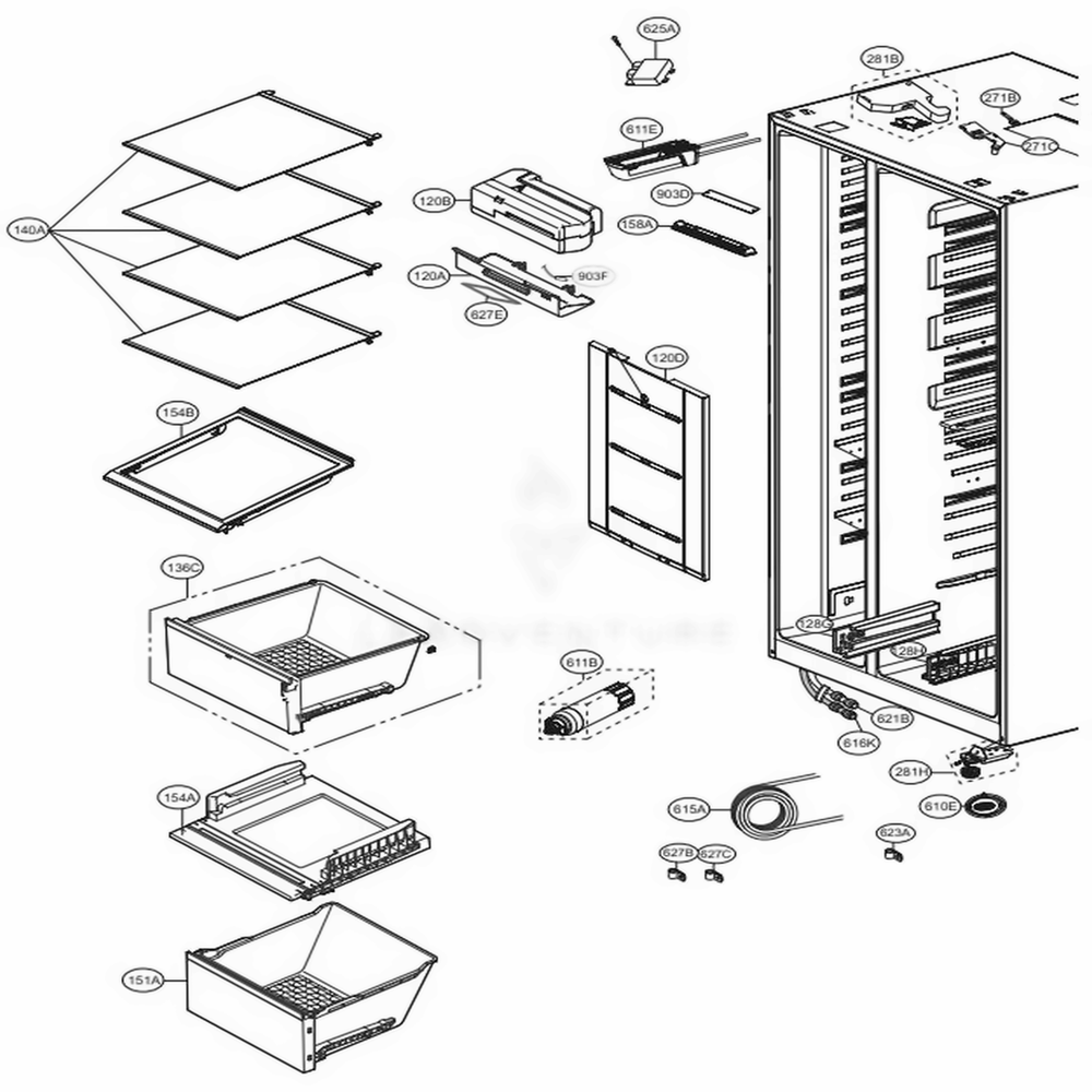 Refrigerator Compartment Diagram and Parts List for LSXS26366D ASBCNA0 LG Refrigerator
