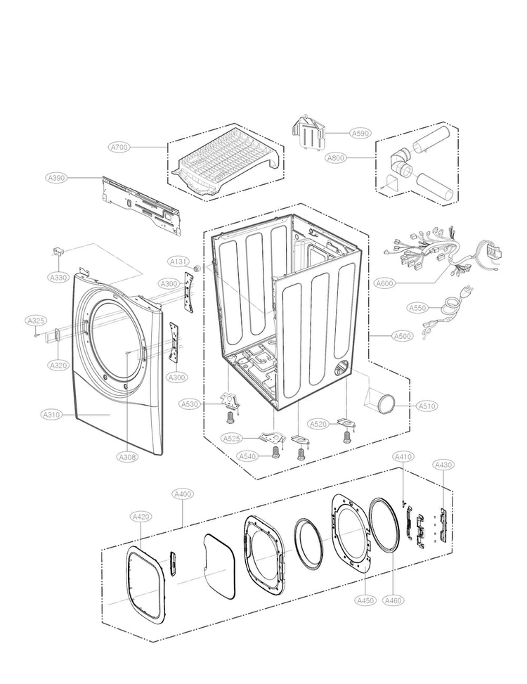 Cabinet And Door Parts Diagram and Parts List for DLGX4271W  LG Dryer
