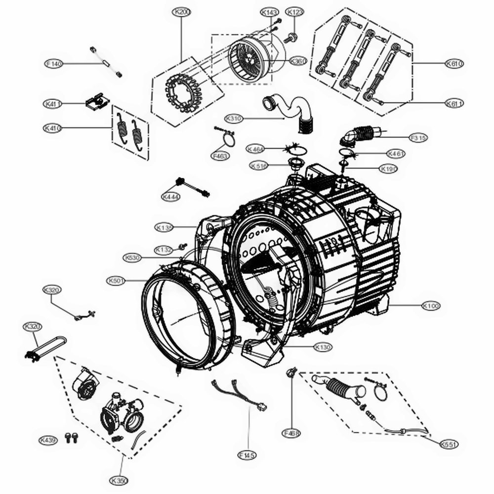 Drum And Tub Assembly Diagram and Parts List for WM3600HWA ABWEUUS LG Washer