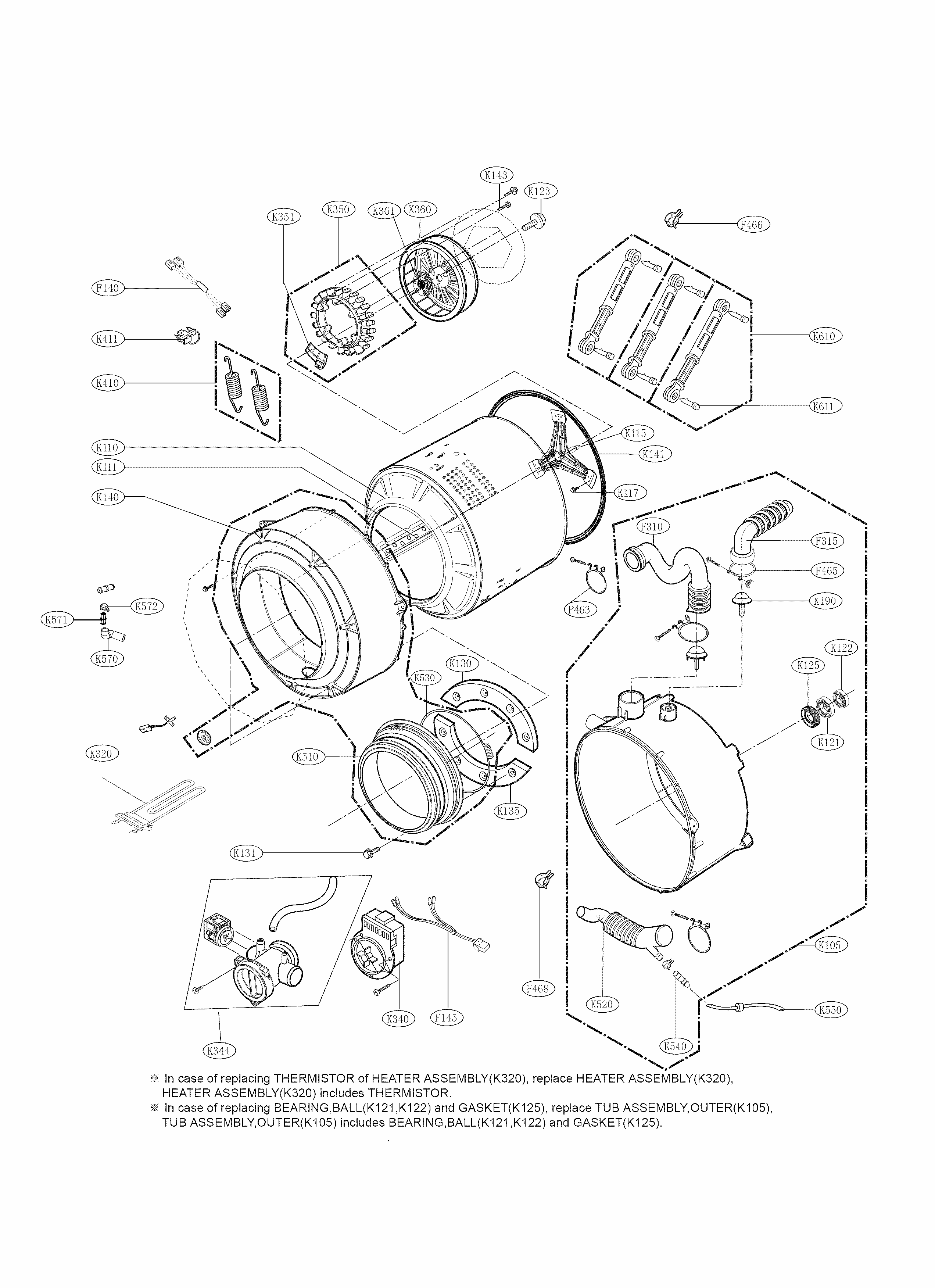 Drum And Tub Assembly Parts Diagram and Parts List for 79641283310  Kenmore Washer