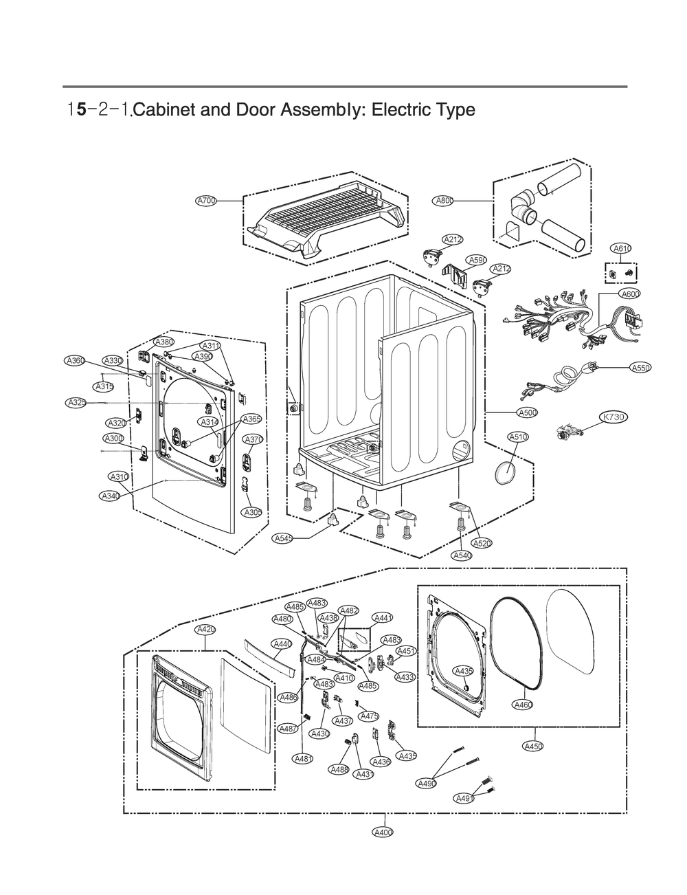 Cabinet And Door Assembly Diagram and Parts List for DLEX7900VE ASSEECI LG Dryer
