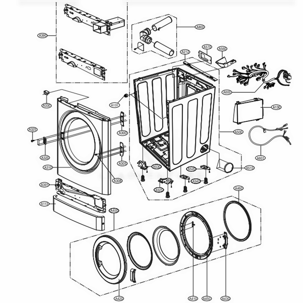 Cabinet And Door Assembly - Electric Stack Lower Type Diagram and Parts List for GDP1329CES ABWEELC LG Dryer