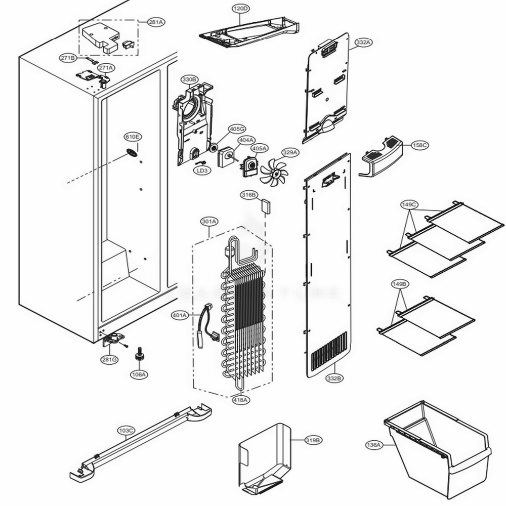 Freezer Compartment Diagram and Parts List for 51829 AWBCSE1 LG Refrigerator