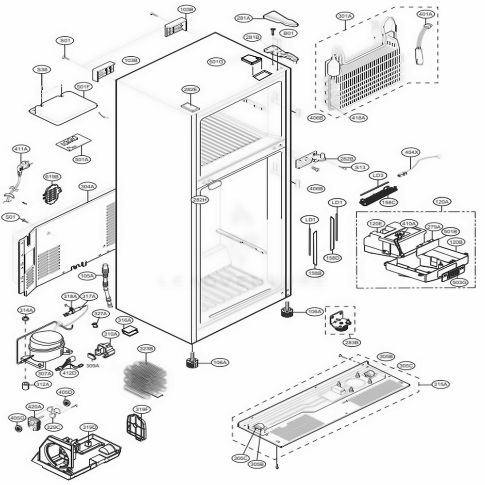 Case Parts Diagram and Parts List for LTNS20220W ASWCNA0 LG Refrigerator