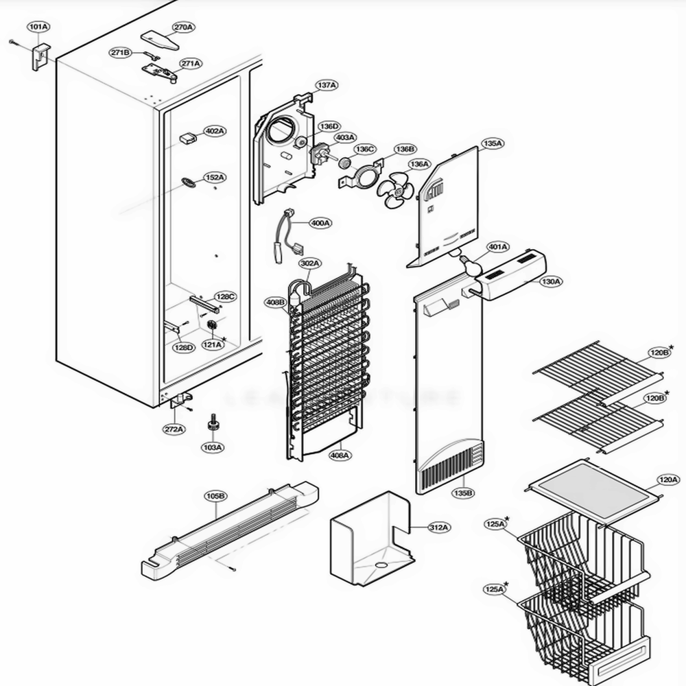 Freezer Compartment Diagram and Parts List for LRSPC2331BK AWBCLGA LG Refrigerator