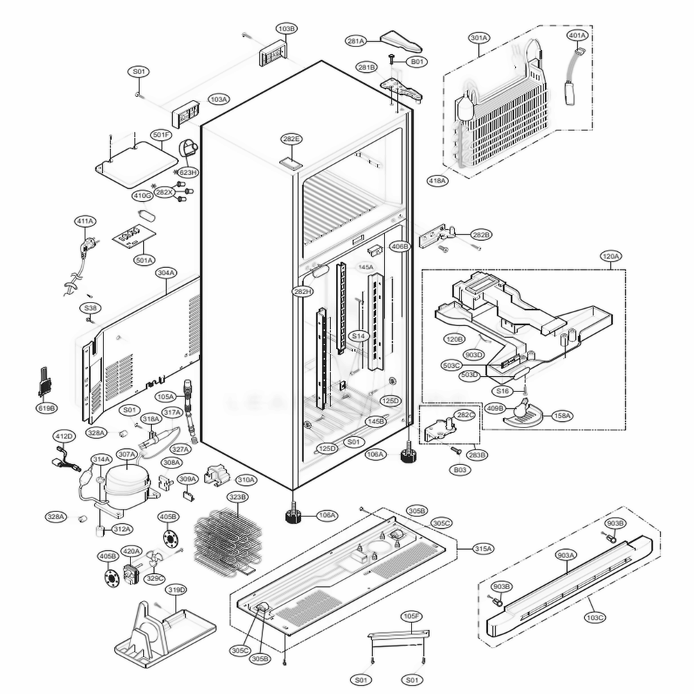Case Parts Diagram and Parts List for 69979 AWB1SER LG Refrigerator
