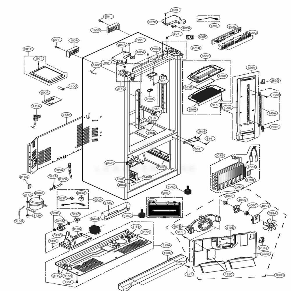 Case Parts Diagram and Parts List for 71609 AWBCSE4 LG Refrigerator