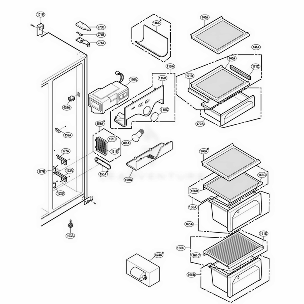 Refrigerator Compartment Diagram and Parts List for RCG20IERFWW ASWQRCA LG Refrigerator
